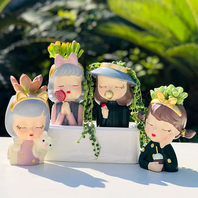 4 in 1 Succulents Planters Flower Pots Cactus Plant Pot Lovely Girl Head Bonsai Planter Pots Ornaments with Drainage Hole Table acacuss