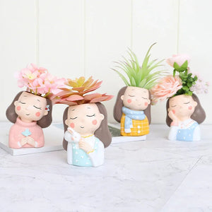 4 in 1 Succulents Planters Flower Pots Cactus Plant Pot Lovely Girl Head Bonsai Planter Pots Ornaments with Drainage Hole Table acacuss