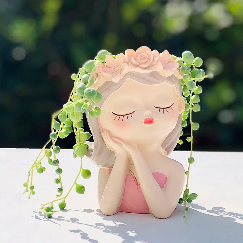 4 in 1 Succulents Planters Flower Pots Cactus Plant Pot Lovely Girl Head Bonsai Planter Pots Ornaments with Drainage Hole Table 4 faily