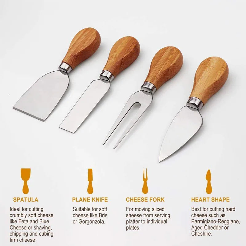 4-piece Stainless Steel Cheese Knife And Fork Set Wooden Handle Cheese Pizza Baking Tool Kitchen Supplies acacuss