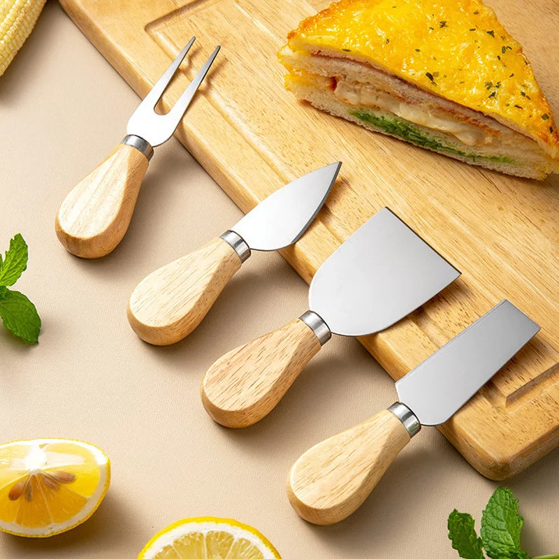 4-piece Stainless Steel Cheese Knife And Fork Set Wooden Handle Cheese Pizza Baking Tool Kitchen Supplies acacuss