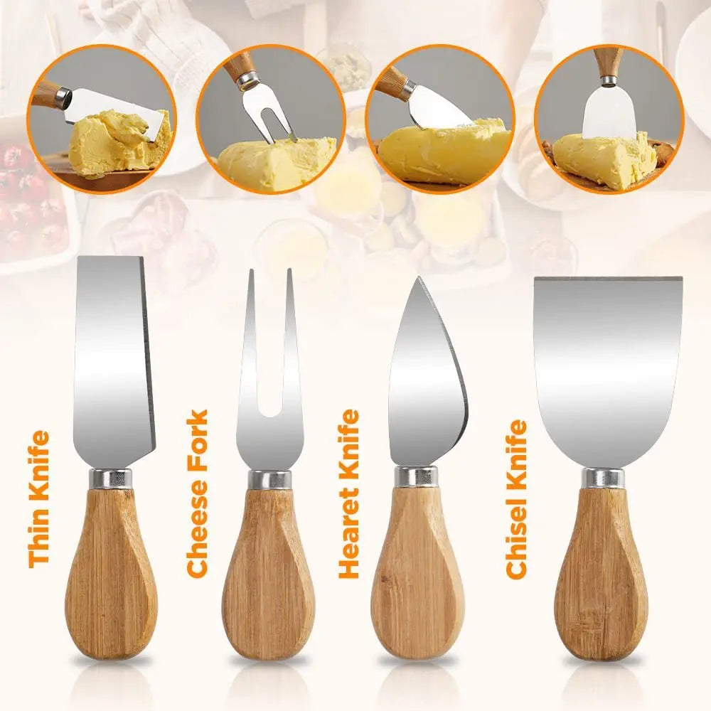 4-piece Stainless Steel Cheese Knife And Fork Set Wooden Handle Cheese Pizza Baking Tool Kitchen Supplies acacuss