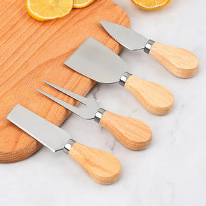 4-piece Stainless Steel Cheese Knife And Fork Set Wooden Handle Cheese Pizza Baking Tool Kitchen Supplies acacuss