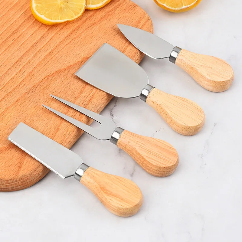 4-piece Stainless Steel Cheese Knife And Fork Set Wooden Handle Cheese Pizza Baking Tool Kitchen Supplies acacuss