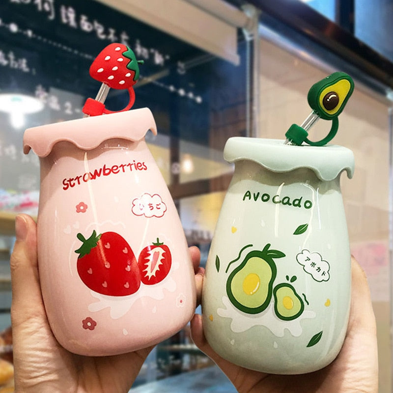 400ML Ceramic Mug with Lid and Straw Milk Coffee Mug Tea Juice Cup Creative Lemon Water Bottle for Girls Breakfast Mug Drinkware acacuss