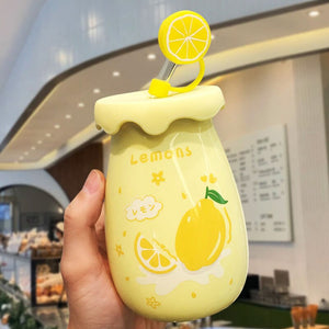 400ML Ceramic Mug with Lid and Straw Milk Coffee Mug Tea Juice Cup Creative Lemon Water Bottle for Girls Breakfast Mug Drinkware acacuss