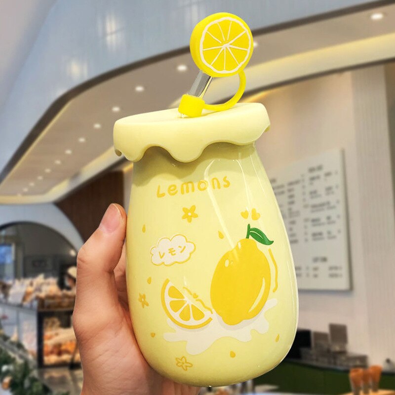 400ML Ceramic Mug with Lid and Straw Milk Coffee Mug Tea Juice Cup Creative Lemon Water Bottle for Girls Breakfast Mug Drinkware acacuss