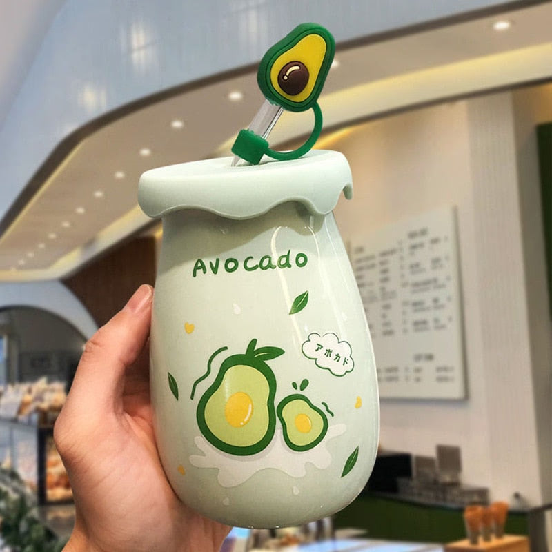 400ML Ceramic Mug with Lid and Straw Milk Coffee Mug Tea Juice Cup Creative Lemon Water Bottle for Girls Breakfast Mug Drinkware acacuss