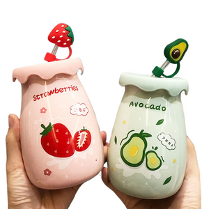 400ML Ceramic Mug with Lid and Straw Milk Coffee Mug Tea Juice Cup Creative Lemon Water Bottle for Girls Breakfast Mug Drinkware acacuss