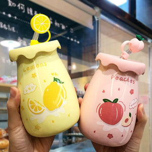 400ML Ceramic Mug with Lid and Straw Milk Coffee Mug Tea Juice Cup Creative Lemon Water Bottle for Girls Breakfast Mug Drinkware acacuss