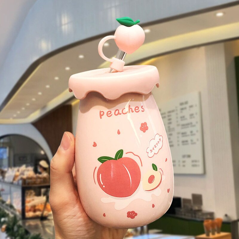 400ML Ceramic Mug with Lid and Straw Milk Coffee Mug Tea Juice Cup Creative Lemon Water Bottle for Girls Breakfast Mug Drinkware acacuss