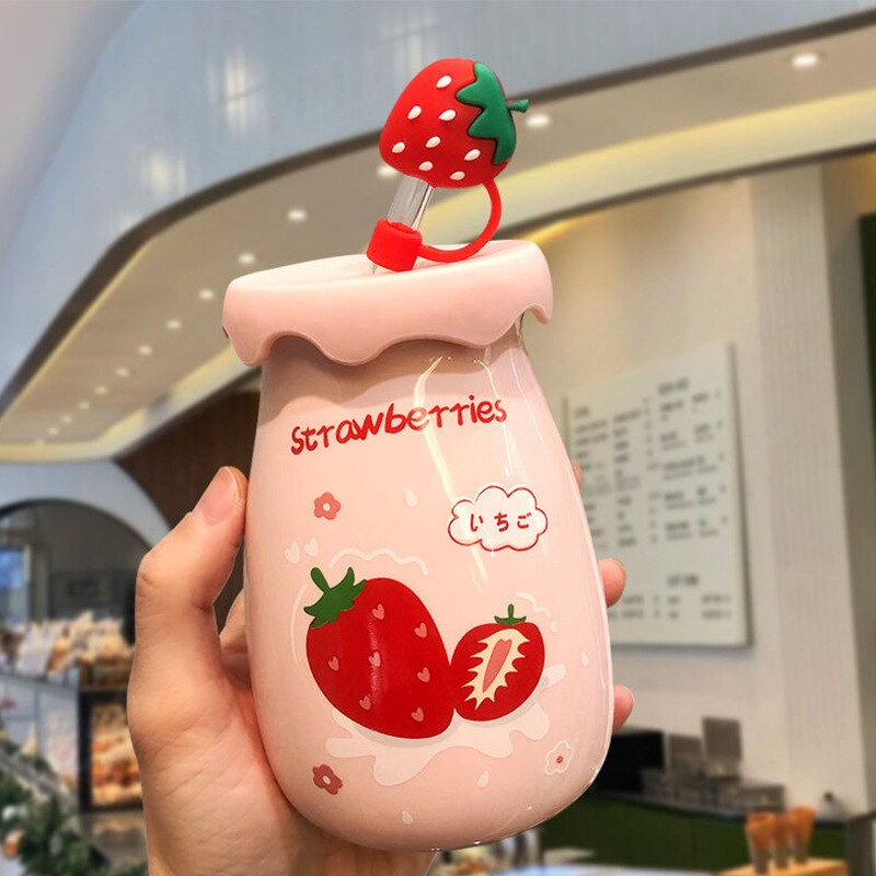 400ML Ceramic Mug with Lid and Straw Milk Coffee Mug Tea Juice Cup Creative Lemon Water Bottle for Girls Breakfast Mug Drinkware acacuss