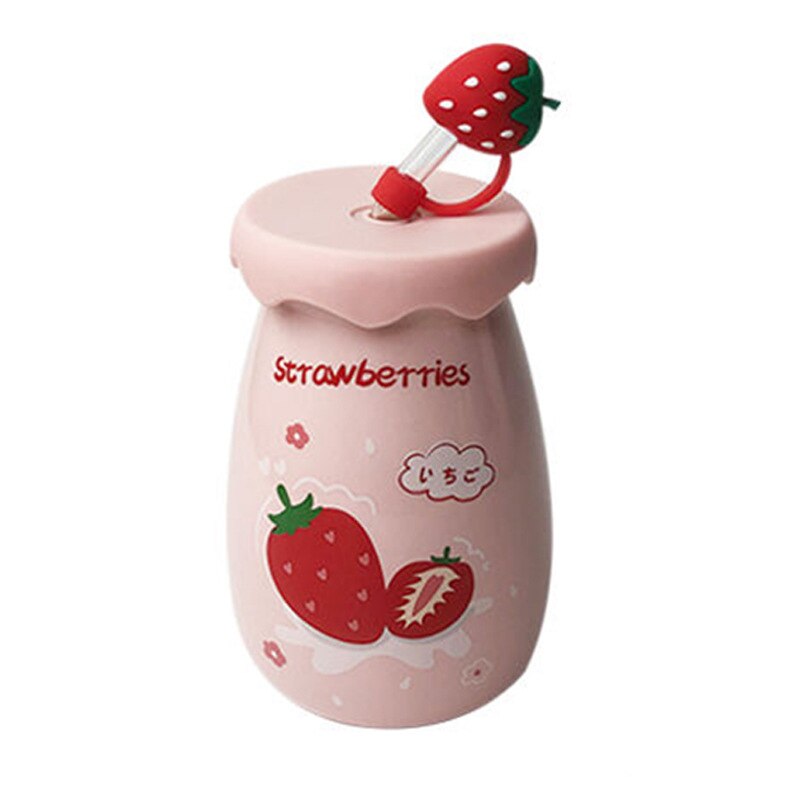 400ML Ceramic Mug with Lid and Straw Milk Coffee Mug Tea Juice Cup Creative Lemon Water Bottle for Girls Breakfast Mug Drinkware acacuss