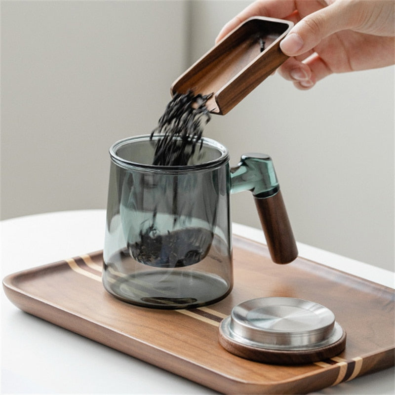 400ml Walnut Wooden Handle Lid Filter Glass Tea Cup Tea Water Separation Scented Tea Cup Office Flower Tea Separation Tea Mug acacuss