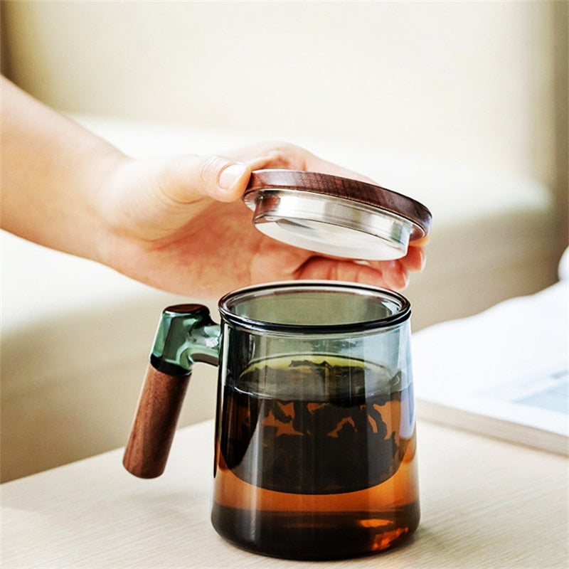 400ml Walnut Wooden Handle Lid Filter Glass Tea Cup Tea Water Separation Scented Tea Cup Office Flower Tea Separation Tea Mug acacuss