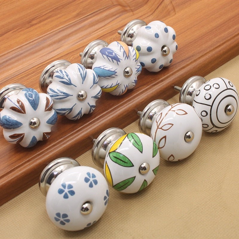 40mm Ceramic Single Hole Handle European Antique Mediterranean Drawer Pulls Cabinet Knobs Wardrobe Shoe Cabinet Door Handles acacuss