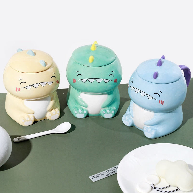450ml Cute Dinosaur Ceramics Coffee Mug With Spoon Creative Hand Painted Drinkware Milk Tea Cups Novelty Gifts acacuss