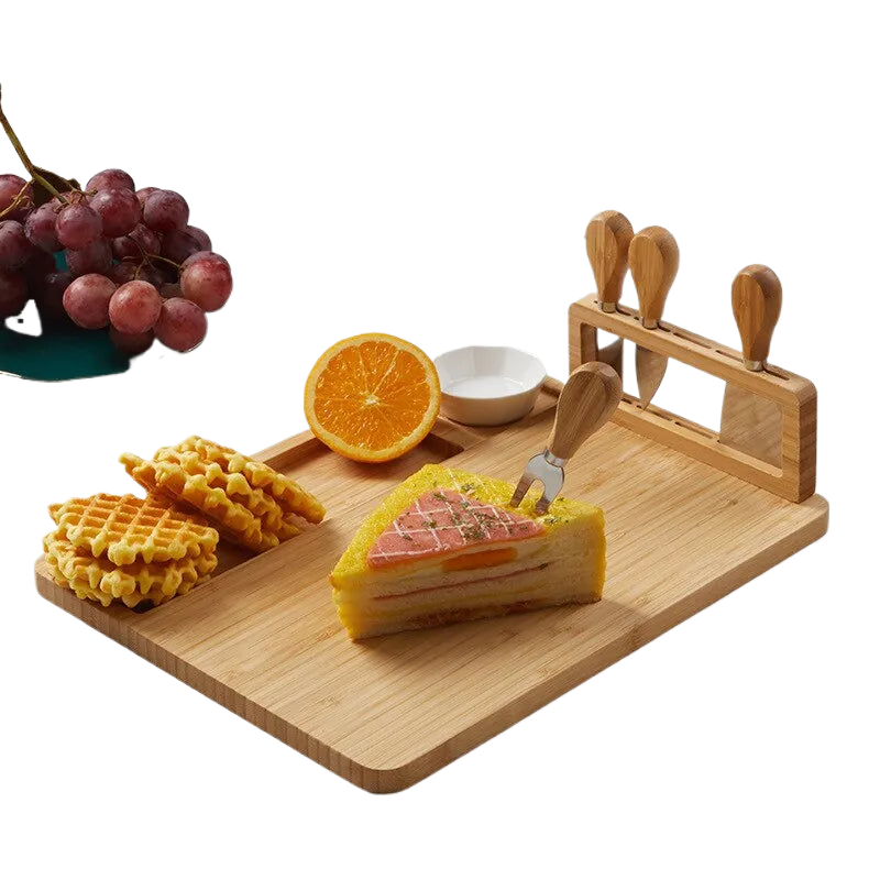 Bamboo Cheese Board Set with Square Wooden Board, Knife Holder, 4 Stainless Steel Knives, Dessert Plate acacuss