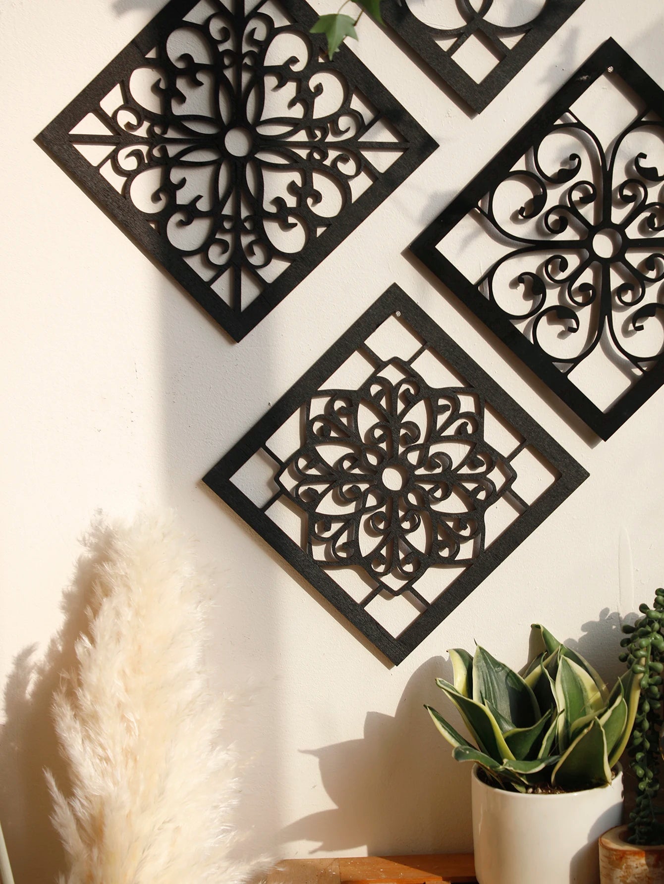 4Pcs Black Wooden Hollow Wall Decor Carve Designs Boho Home Decoration Hexagon Square Hanging Wall Decor Room Decors Aesthetict acacuss