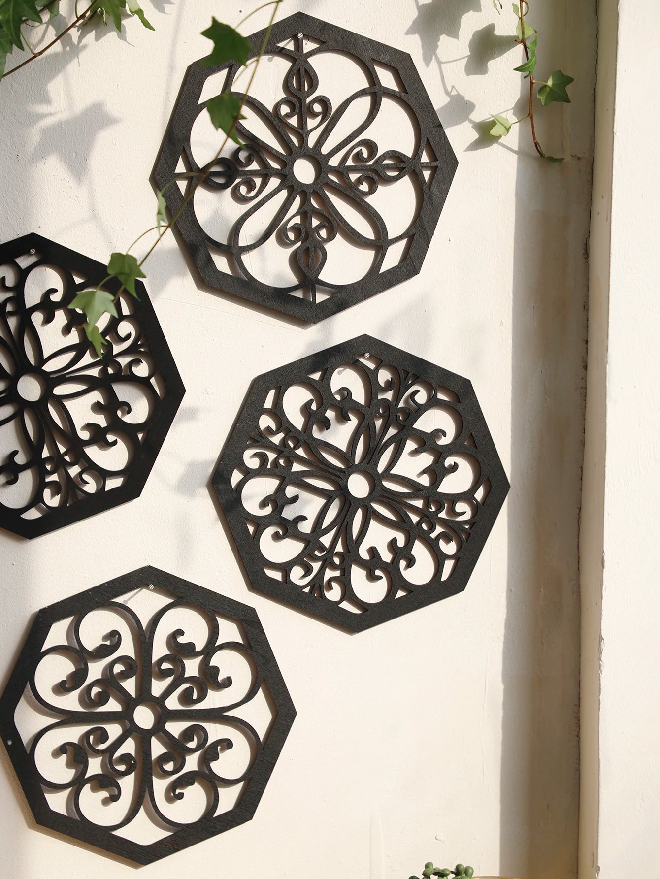 4Pcs Black Wooden Hollow Wall Decor Carve Designs Boho Home Decoration Hexagon Square Hanging Wall Decor Room Decors Aesthetict acacuss