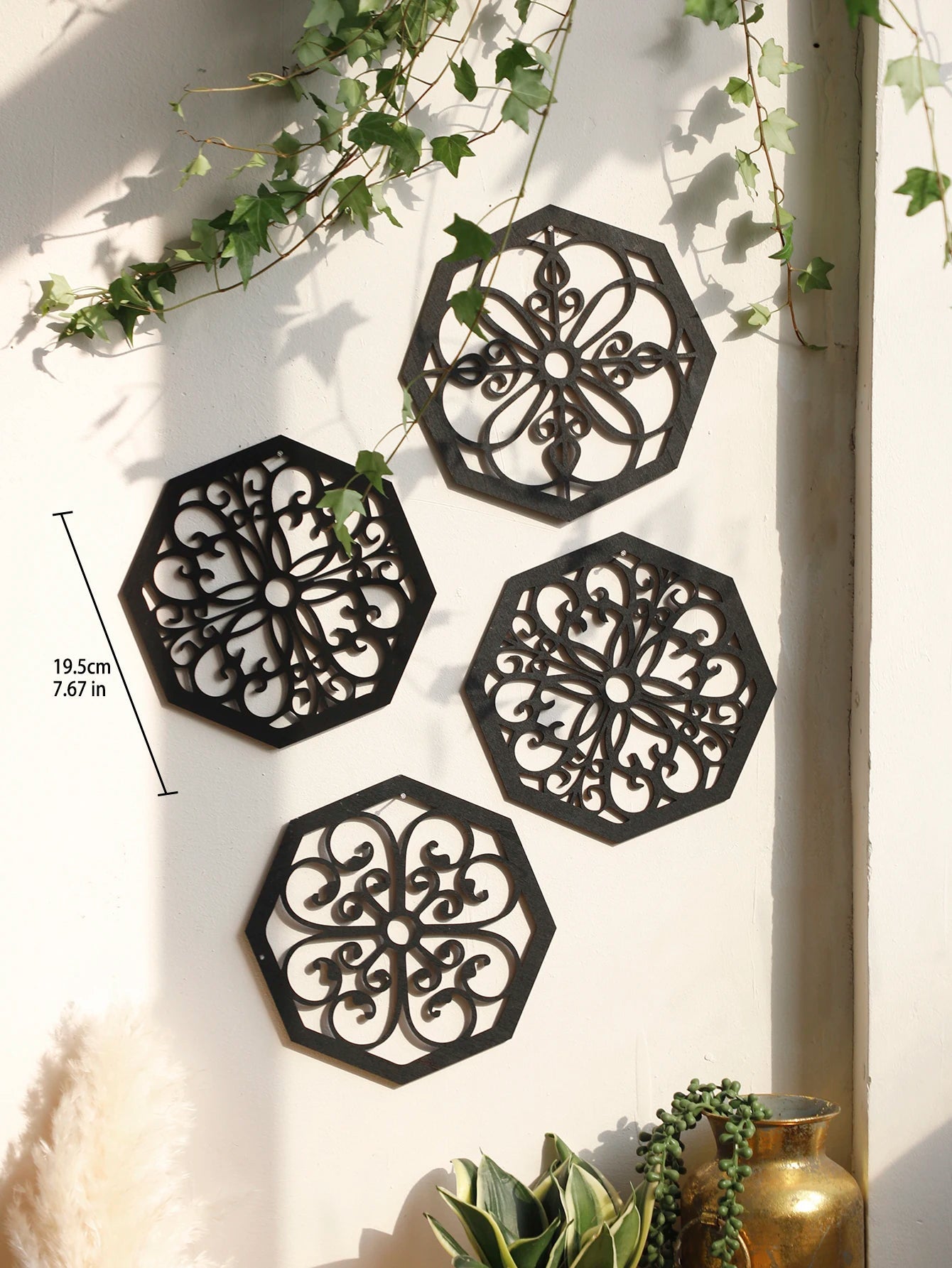 4Pcs Black Wooden Hollow Wall Decor Carve Designs Boho Home Decoration Hexagon Square Hanging Wall Decor Room Decors Aesthetict acacuss