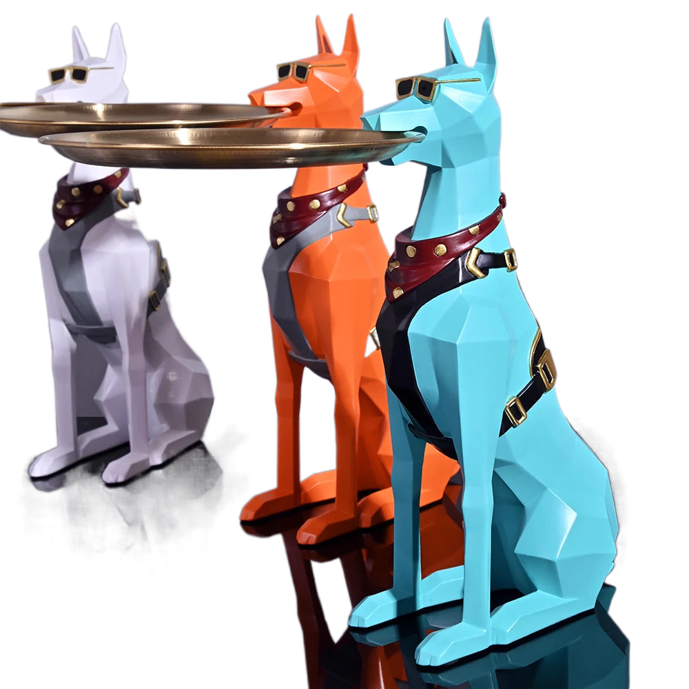 Doberman Pinscher Resin Dog Sculpture Butler with Metal Tray Craft Ornament Decor Art Animal Figurines Decorative Home Decor acacuss