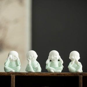 4pcs/set Ceramic Cute Mini Little Monk Tea Pet Porcelain Figurines Miniature Fairy Garden Buddha Statue Craft Feng Shui Zen acacuss