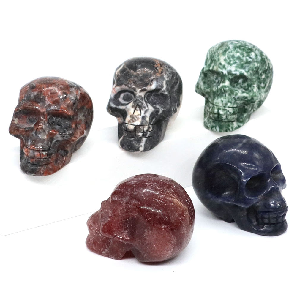 50mm Skull Head Statue Natural Stone Healing Crystal Reiki Carved Witchcraft Gemstone Figurine Crafts Home Decor Halloween Gifts acacuss