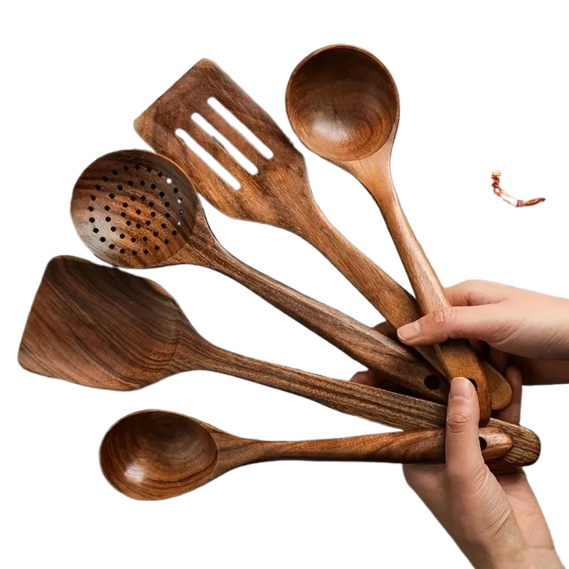 5PCS Thailand Teak Cooking Spoon Natural Wooden Kitchen Tableware Tool Ladle Turner Rice Colander Soup Skimmer Scoop Utensils acacuss