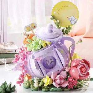 575PCS Cute Rabbit Flower Tea Pot Lighting Music Box Building Blocks Succulent Potted Bonsai Bricks Toys Kids Christmas Gift acacuss