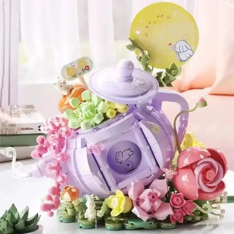 575PCS Cute Rabbit Flower Tea Pot Lighting Music Box Building Blocks Succulent Potted Bonsai Bricks Toys Kids Christmas Gift acacuss