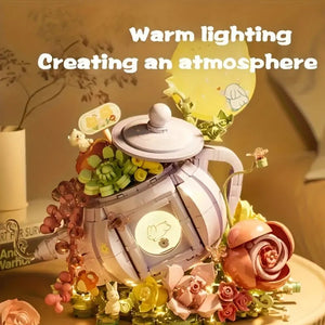 575PCS Cute Rabbit Flower Tea Pot Lighting Music Box Building Blocks Succulent Potted Bonsai Bricks Toys Kids Christmas Gift acacuss