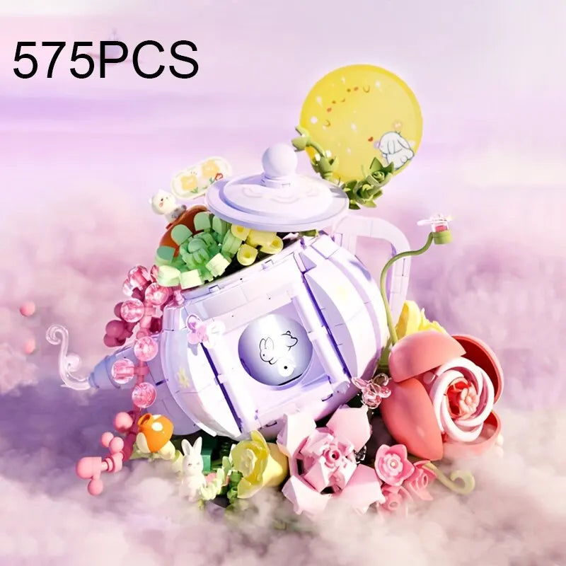 575PCS Cute Rabbit Flower Tea Pot Lighting Music Box Building Blocks Succulent Potted Bonsai Bricks Toys Kids Christmas Gift acacuss