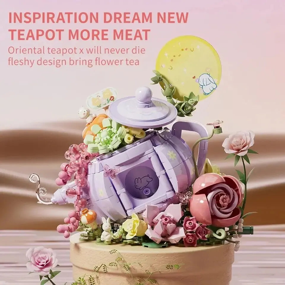 575PCS Cute Rabbit Flower Tea Pot Lighting Music Box Building Blocks Succulent Potted Bonsai Bricks Toys Kids Christmas Gift acacuss
