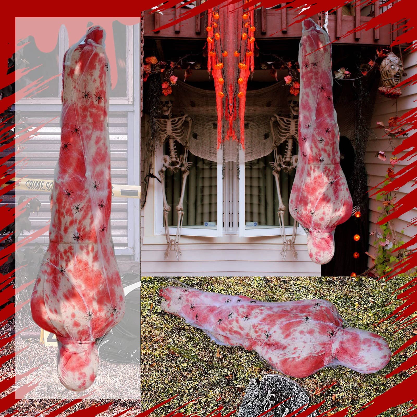 59inch Halloween Corpse Props Set Outdoor Yard Creepy Shroud Decoration Horror Bloody Body Bag Haunted House Hanging Decorations acacuss