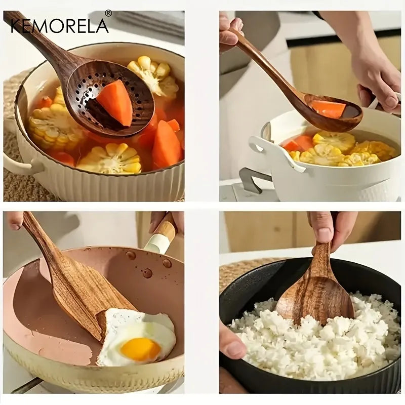 5PCS Thailand Teak Cooking Spoon Natural Wooden Kitchen Tableware Tool Ladle Turner Rice Colander Soup Skimmer Scoop Utensils acacuss