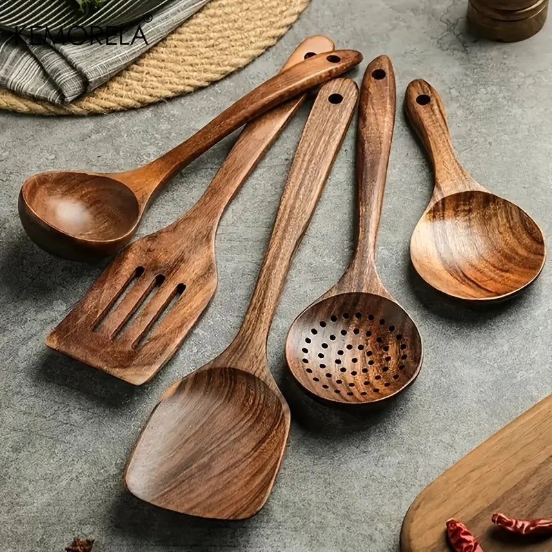 5PCS Thailand Teak Cooking Spoon Natural Wooden Kitchen Tableware Tool Ladle Turner Rice Colander Soup Skimmer Scoop Utensils acacuss