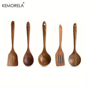 5PCS Thailand Teak Cooking Spoon Natural Wooden Kitchen Tableware Tool Ladle Turner Rice Colander Soup Skimmer Scoop Utensils acacuss
