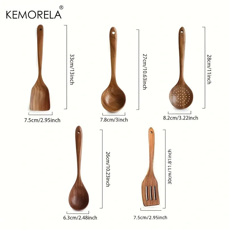 5PCS Thailand Teak Cooking Spoon Natural Wooden Kitchen Tableware Tool Ladle Turner Rice Colander Soup Skimmer Scoop Utensils acacuss