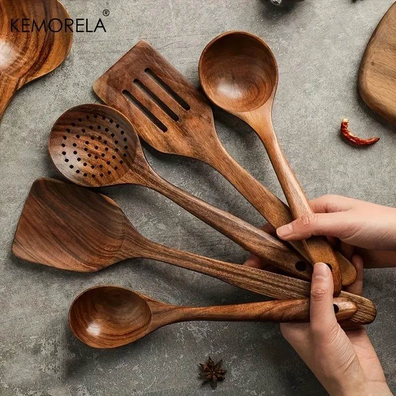 5PCS Thailand Teak Cooking Spoon Natural Wooden Kitchen Tableware Tool Ladle Turner Rice Colander Soup Skimmer Scoop Utensils acacuss