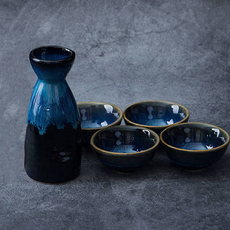 5Pcs Retro Japanese Sake Set Ceramic Flagon Liquor Cup 1 Pot 4 Cups Home Bar Sake White Wine Pot Creative Drinkware Gifts acacuss