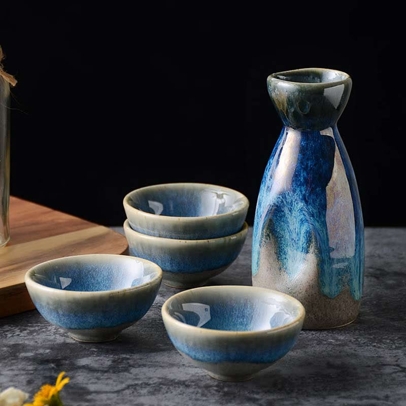 5Pcs Retro Japanese Sake Set Ceramic Flagon Liquor Cup 1 Pot 4 Cups Home Bar Sake White Wine Pot Creative Drinkware Gifts acacuss