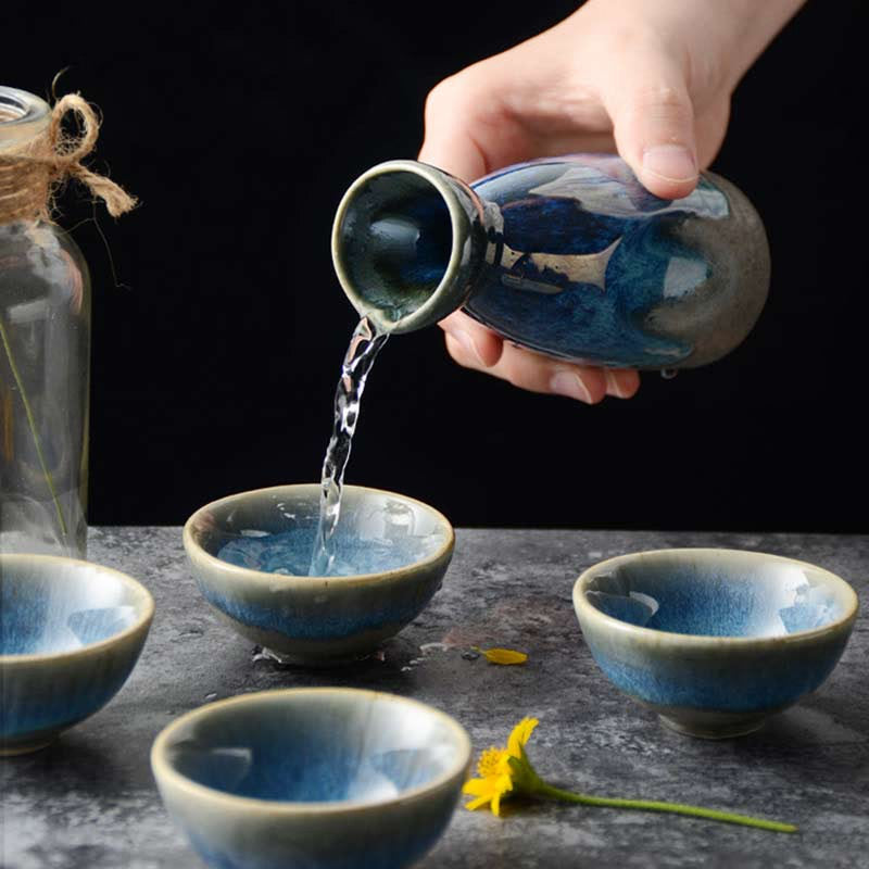 5Pcs Retro Japanese Sake Set Ceramic Flagon Liquor Cup 1 Pot 4 Cups Home Bar Sake White Wine Pot Creative Drinkware Gifts acacuss