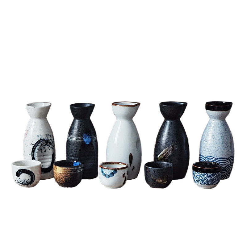 5Pcs Retro Japanese Sake Set Ceramic Flagon Liquor Cup 1 Pot 4 Cups Home Bar Sake White Wine Pot Creative Drinkware Gifts acacuss