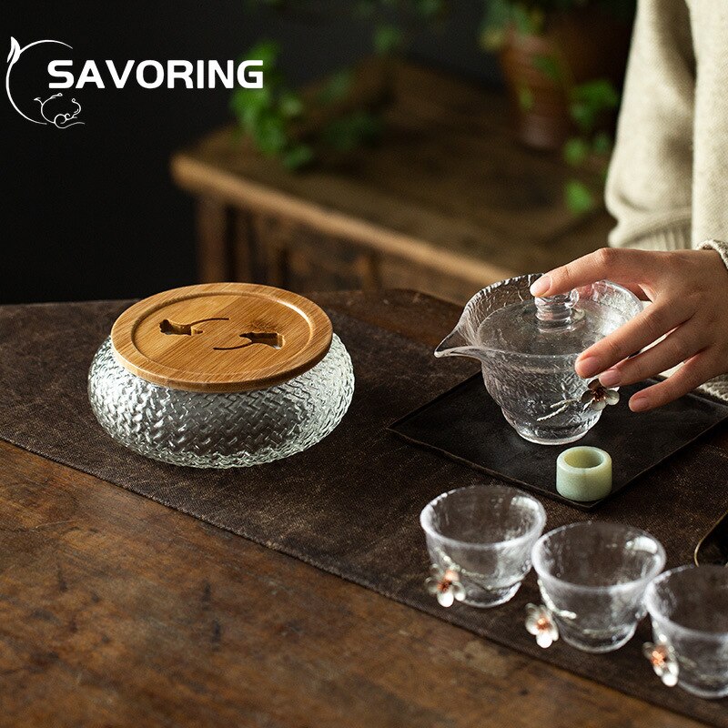 600ml Japanese Woven Hammer Glass Pot Bearing Cup Wash Hollow Carved Dry Bubble Plate Household Tea Slag Bucket Built Jianshui acacuss