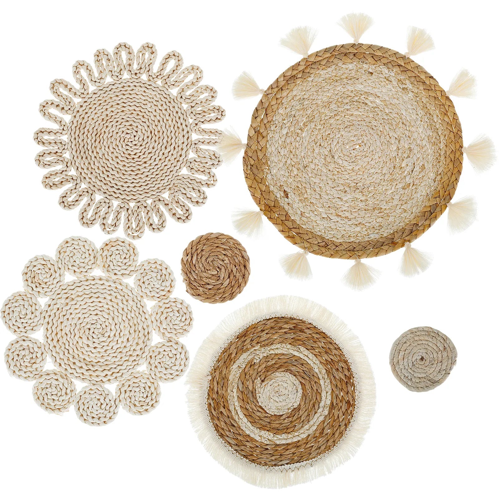 6Pcs Hanging Woven Plate Wall Decoration Boho Straw Rattan Round Basket Decorations Tassels Flower Tray Art for Home Bedroom acacuss