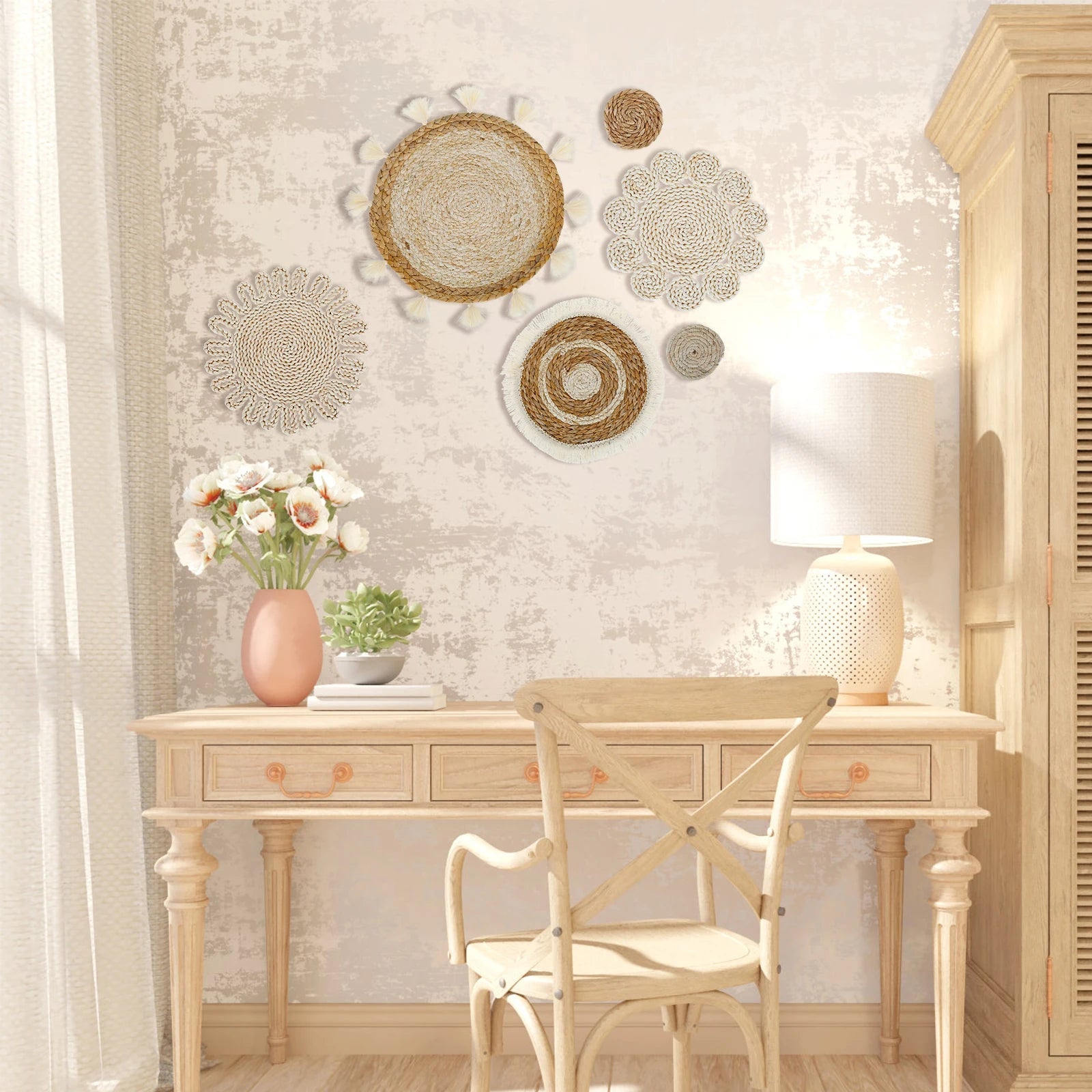 6Pcs Hanging Woven Plate Wall Decoration Boho Straw Rattan Round Basket Decorations Tassels Flower Tray Art for Home Bedroom acacuss