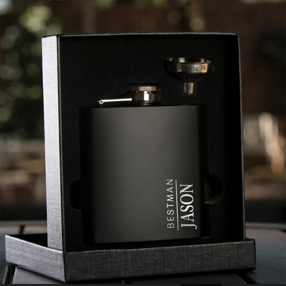 6oz Pocket Hip Flask Set for Whisky Portable Whiskey Alcohol Bottle Groomsmen or Bridesmaid Wed Gift Stainless Steel Custom Name acacuss