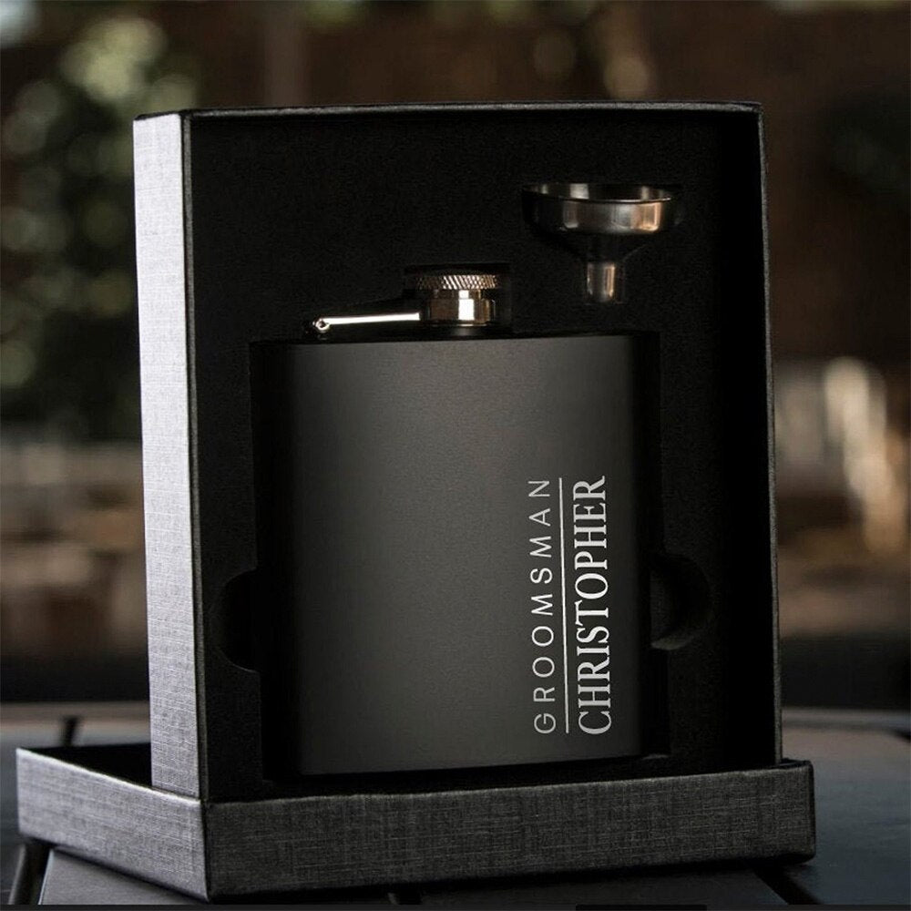 6oz Pocket Hip Flask Set for Whisky Portable Whiskey Alcohol Bottle Groomsmen or Bridesmaid Wed Gift Stainless Steel Custom Name acacuss