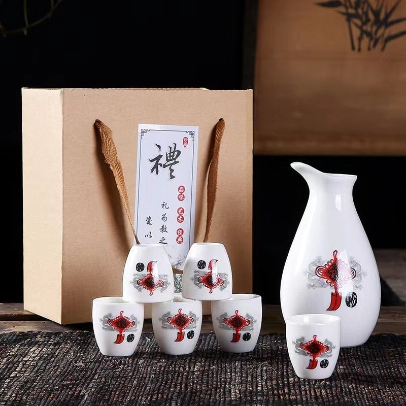 7Pcs/Set Ceramics Sake Pot Cups Set Japan Vintage Flagon Hip Flasks Bamboo Liquor Cup Home Kitchen Drinkware Gifts Barware 250ml acacuss